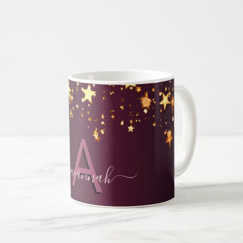 Burgundy gold stars monogram script coffee mug