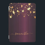Burgundy gold stars name glamorous iPad mini cover<br><div class="desc">A dark burgundy faux metallic looking background with dripping faux gold stars. Personalize and add a name. The name is written with a golden, modern hand lettered style script with swashes. To keep the swashes only delete the sample name, leave the spaces or emoji's in front and after the name...</div>