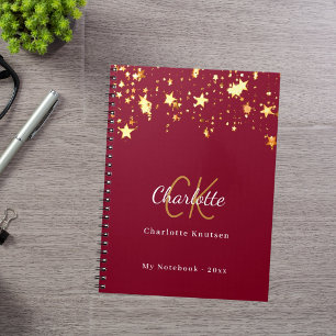 Burgundy gold stars name monogram notebook