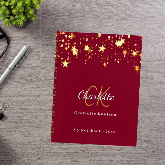 Burgundy gold stars name monogram notebook (Creator Uploaded)