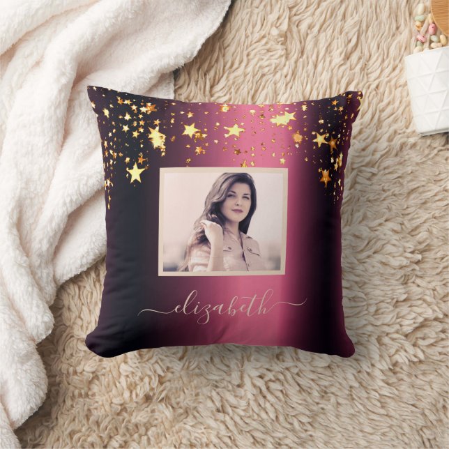 Burgundy gold stars photo name throw pillow (Blanket)