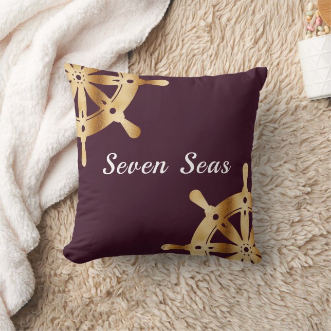 Burgundy gold steering wheels yacht boat name throw pillow (Blanket)