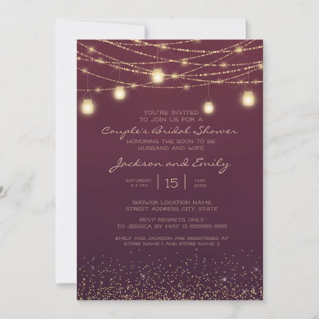 Burgundy Gold String Lights Couple's Bridal Invitation (Front)