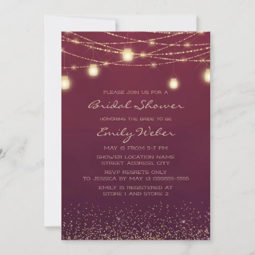 Burgundy Gold String Lights Lanterns Bridal Shower Invitation