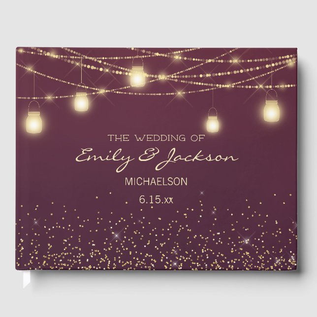 Burgundy Gold String Lights Lanterns Wedding Guest Book (Front)