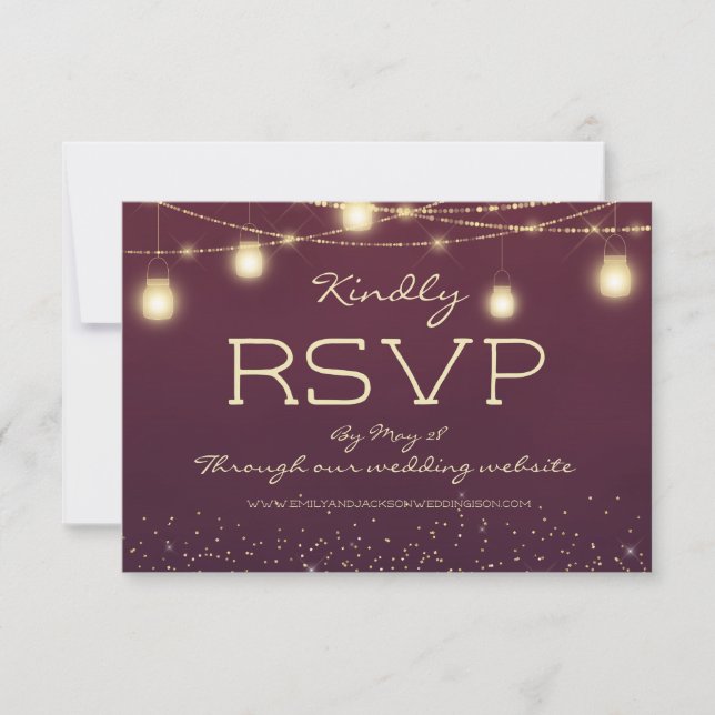 Burgundy Gold String Lights Lanterns Wedding RSVP Invitation (Front)