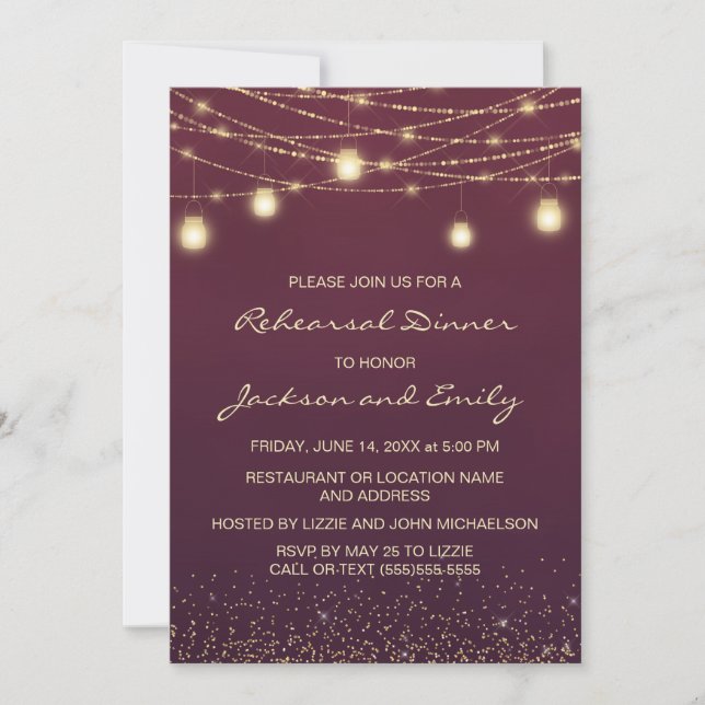 Burgundy Gold String Lights Rehearsal Dinner Invitation (Front)