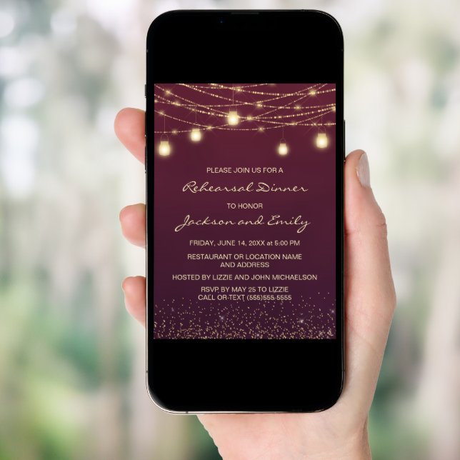Burgundy Gold String Lights Rehearsal Dinner Invitation (Front Digital)