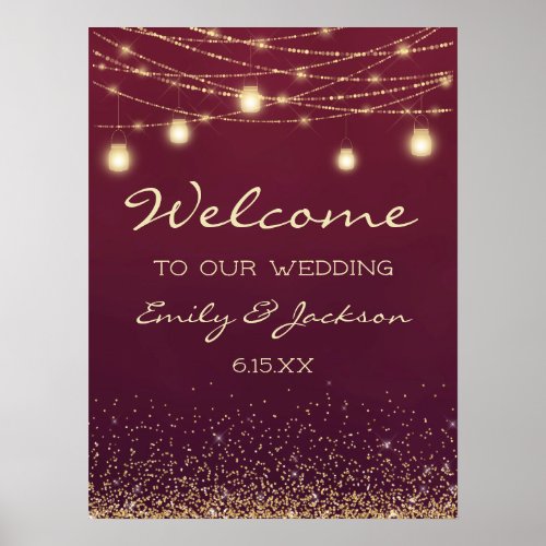 Burgundy Gold String Lights Wedding Welcome Poster