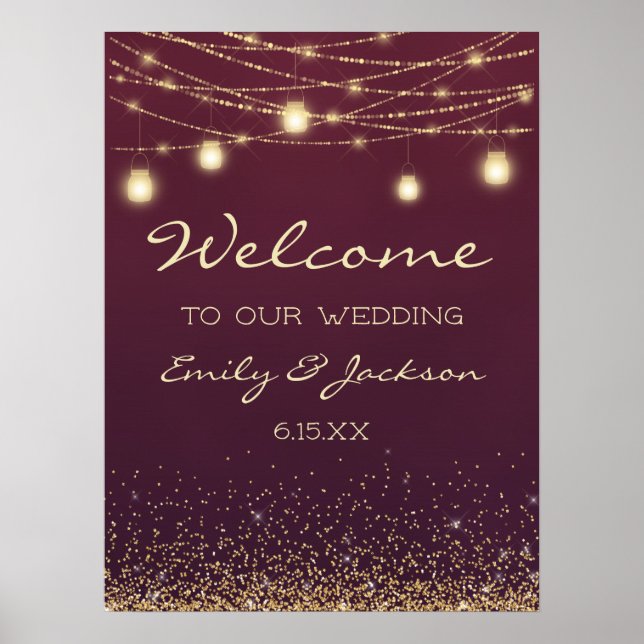 Burgundy Gold String Lights Wedding Welcome Poster (Front)