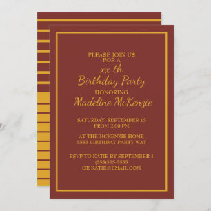 Burgundy Gold Striped Birthday Party Invite