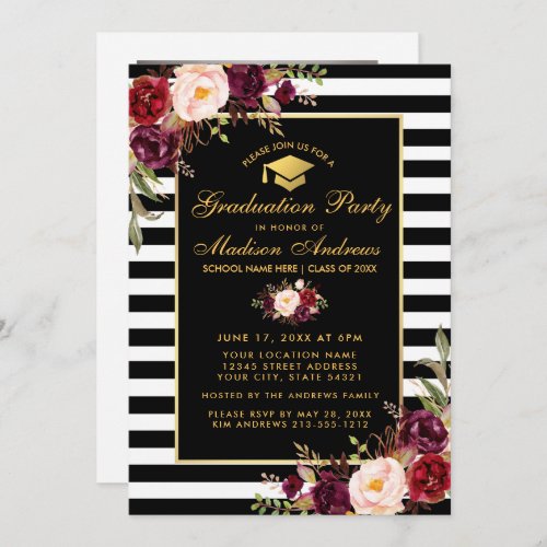 Burgundy Gold Striped Graduation Party Photo Back Invitation