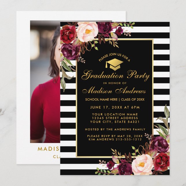 Burgundy Gold Striped Graduation Party Photo Back Invitation (Front/Back)