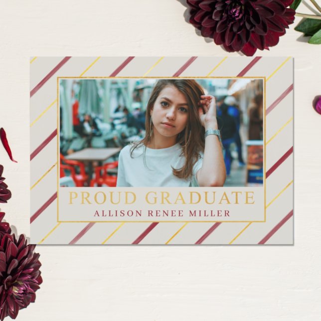 Burgundy Gold Stripes Modern Photo Graduation Invitation (Creator Uploaded)