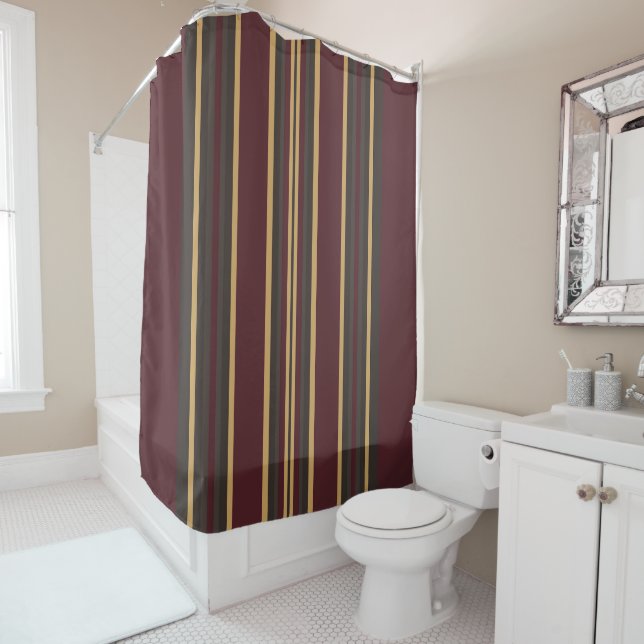 Burgundy Gold Stripes Shower Curtain (In Situ)
