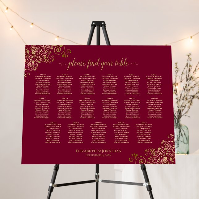 Burgundy & Gold Stylish 17 Table Seating Chart Foam Board (In Situ (Stand))
