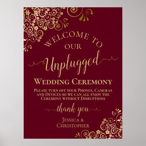 Burgundy  Gold Stylish Unplugged Wedding Ceremony Poster