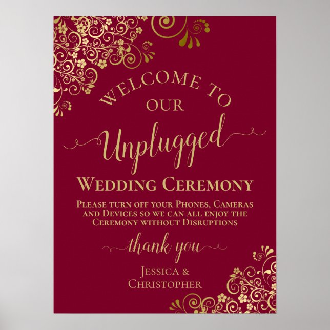 Burgundy & Gold Stylish Unplugged Wedding Ceremony Poster (Front)