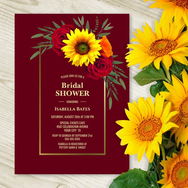 Burgundy Gold Sunflower Red Rose Bridal Shower Invitation (Creator Uploaded)