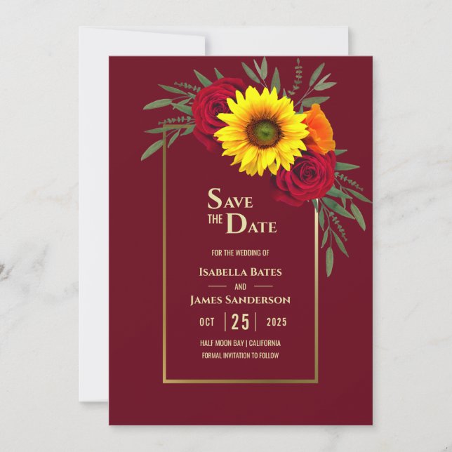 Burgundy Gold Sunflower Red Rose Wedding Save The  Save The Date (Front)