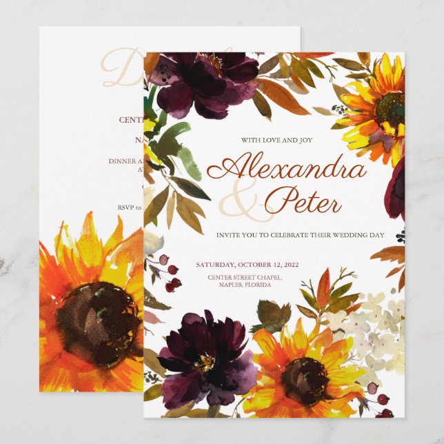 Burgundy & Gold Sunflower Wedding Invitations (Front/Back)