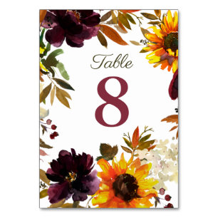 Burgundy & Gold Sunflower Wedding Invitations Table Number