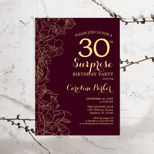 Burgundy Gold Surprise 30th Birthday Party Invitation