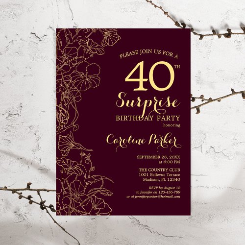 Burgundy Gold Surprise 40th Birthday Party Invitation