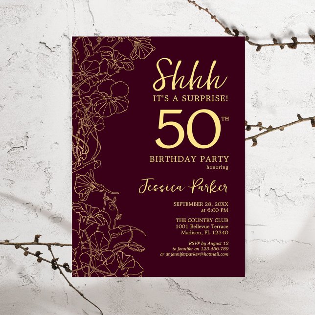 Burgundy Gold Surprise 50th Birthday Invitation (Creator Uploaded)