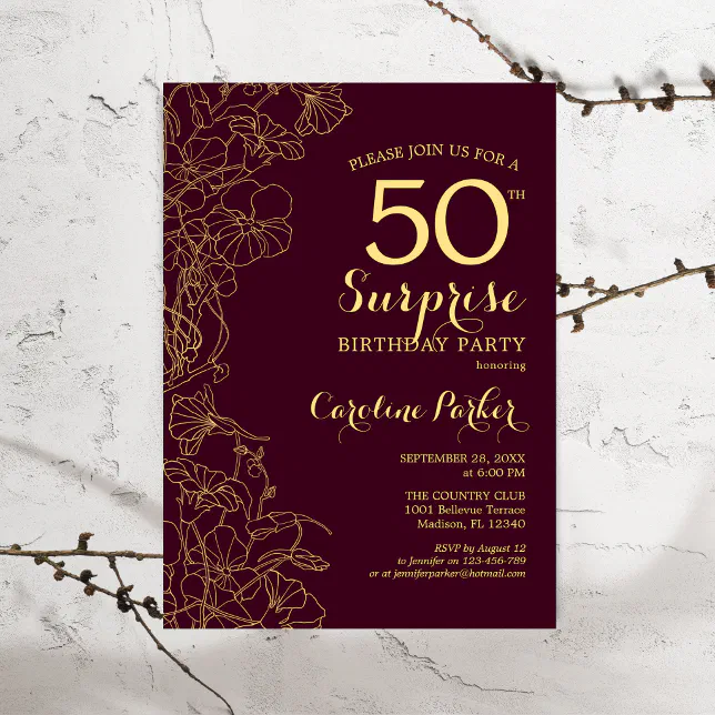 Burgundy Gold Surprise 50th Birthday Party Invitation Zazzle