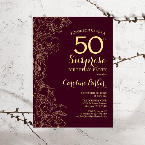 Burgundy Gold Surprise 50th Birthday Party Invitation