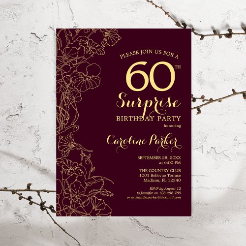 Burgundy Gold Surprise 60th Birthday Party Invitation