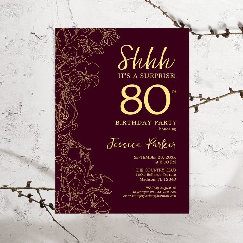 Burgundy Gold Surprise 80th Birthday Invitation