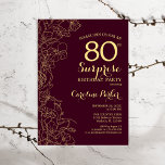 Burgundy Gold Surprise 80th Birthday Party Invitation<br><div class="desc">Burgundy Gold Floral Surprise 80th Birthday Party Invitation. Minimalist modern maroon design featuring botanical accents and typography script font. Simple floral invite card perfect for a stylish female surprise bday celebration. Can be customized to any age.</div>