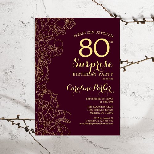 Burgundy Gold Surprise 80th Birthday Party Invitation