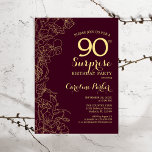 Burgundy Gold Surprise 90th Birthday Party Invitation<br><div class="desc">Burgundy Gold Floral Surprise 90th Birthday Party Invitation. Minimalist modern maroon design featuring botanical accents and typography script font. Simple floral invite card perfect for a stylish female surprise bday celebration. Can be customized to any age.</div>