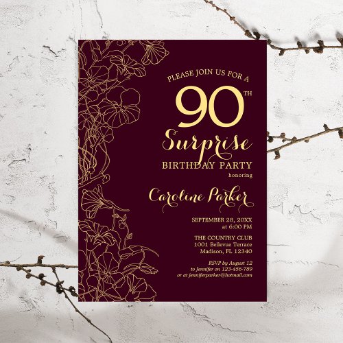 Burgundy Gold Surprise 90th Birthday Party Invitation