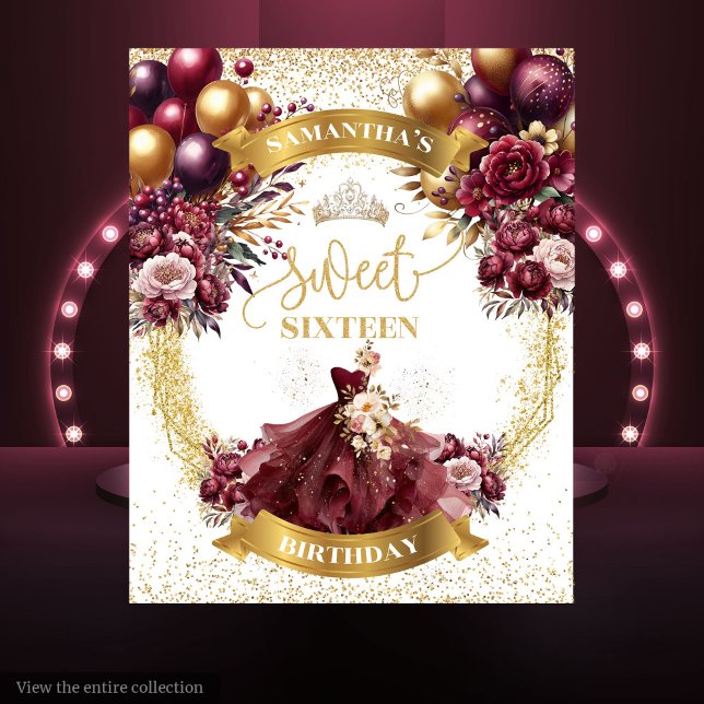 Burgundy Gold Sweet Sixteen Banner Balloons Glitte Tapestry (Burgundy Gold Sweet Sixteen Banner Balloons Glitter)