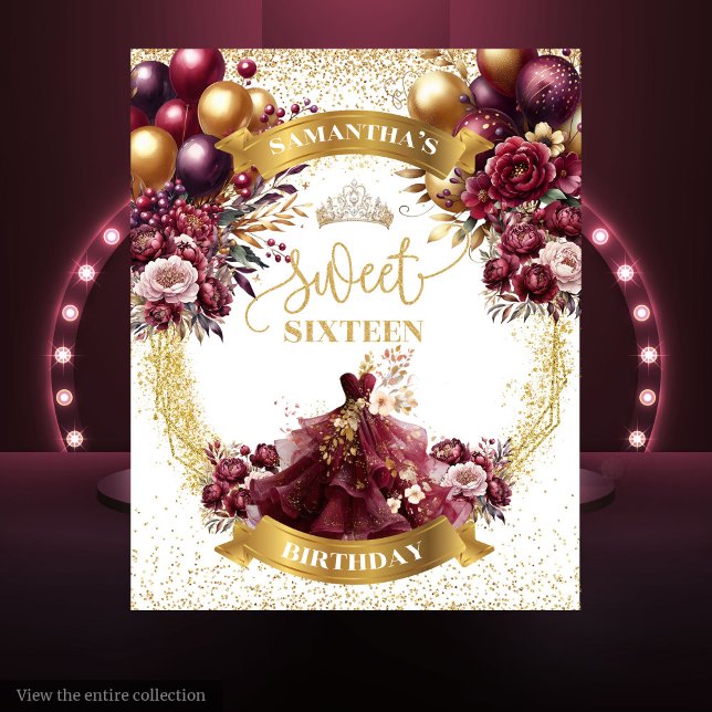 Burgundy Gold Sweet Sixteen Banner with Balloons Tapestry (Burgundy Gold Sweet Sixteen Banner with Balloons)