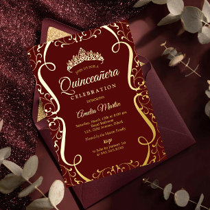 Burgundy Gold Swirl Elegant Quinceanera  Foil Invitation
