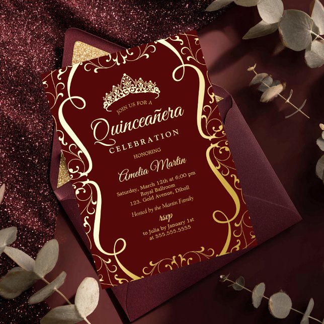 Burgundy Gold Swirl Elegant Quinceanera  Foil Invitation (Creator Uploaded)