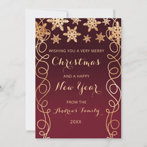 Burgundy Gold Swirly Snowflake Border Christmas Holiday Card
