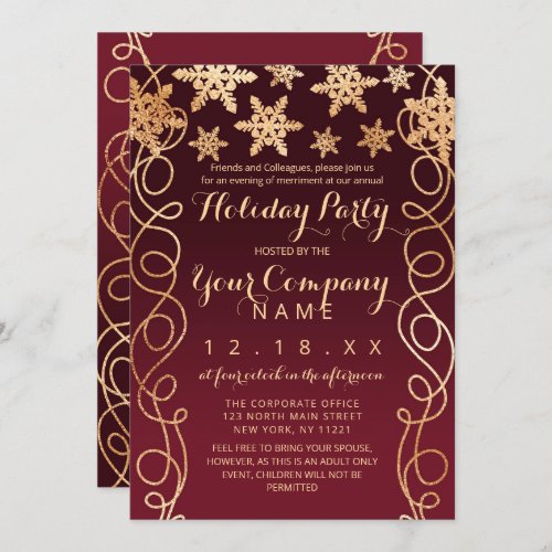 Burgundy Gold Swirly Snowflake Corporate Holiday Invitation