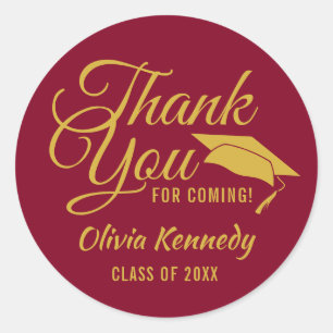 Burgundy Gold Thank You Graduation Party Favor Classic Round Sticker