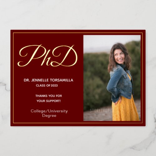 Burgundy Gold Thank You Photo PhD Graduation  Foil Invitation