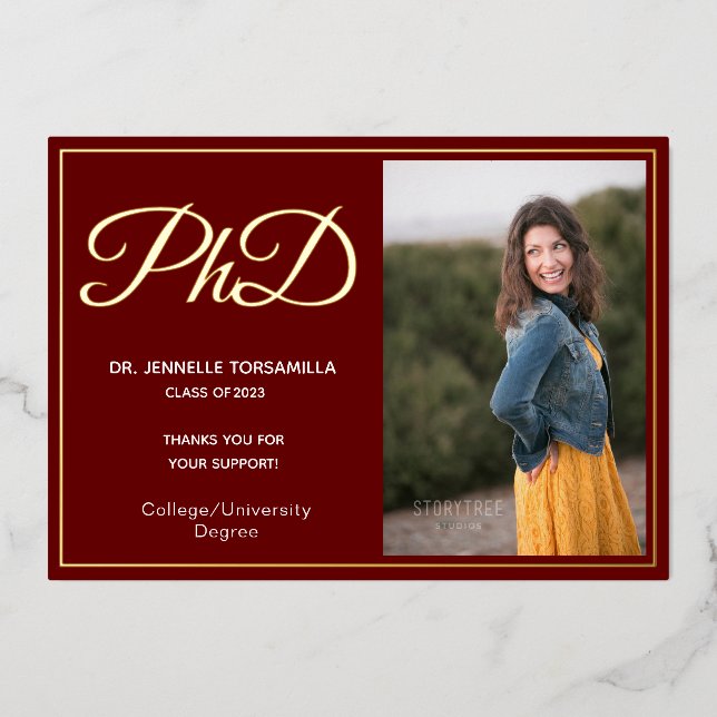 Burgundy Gold Thank You Photo PhD Graduation  Foil Invitation (Front)