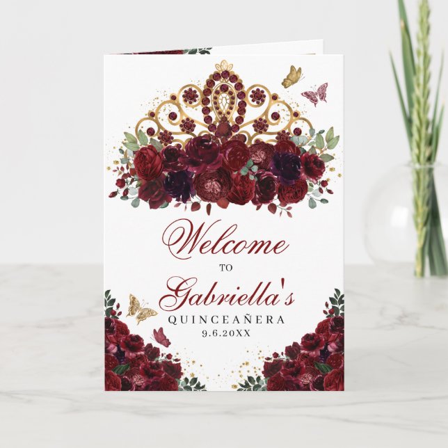 Burgundy & Gold Tiara Quinceanera Program (Front)