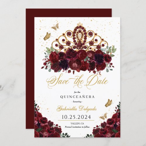 Burgundy  Gold Tiara Save The Date Quinceaera Invitation