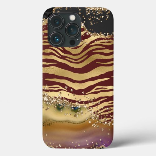 Burgundy Gold Tiger Stripes Glitter Agate iPhone 13 Pro Case