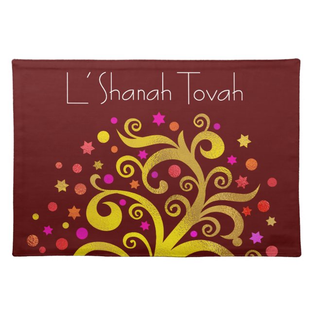 Burgundy Gold Tree of Life Rosh Hashanah Modern Cloth Placemat (Front)